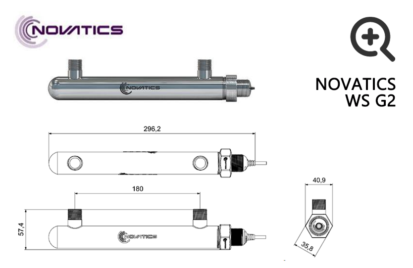 紫外線水殺菌モジュール NOVATICS WS G2 のサイズを示した画像